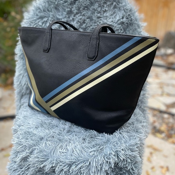 Kate Landry Tote Bag Purse Large Faux Leather Navy Blue Asymmetrical Pattern NEW - Picture 3 of 8